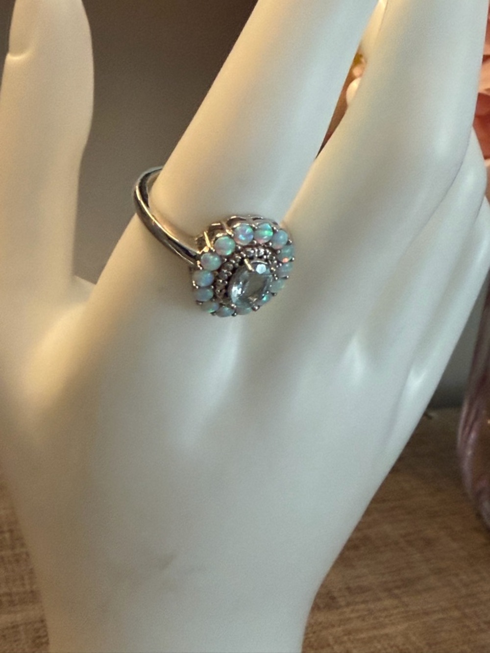 NIB simulated blue Opal Halo Ring w 15-crystal bezel - stainless beautiful - Picture 4 of 7
